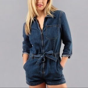 Free People Zip Up Long Sleeve Denim Short Romper Size 4